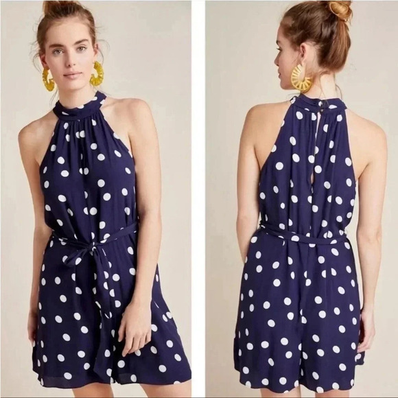 Anthropologie Navy Polka Dot Halter Tie Waist Romper Size XS - Picture 1 of 8